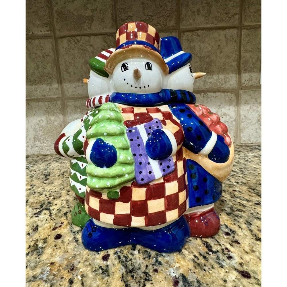 Block Snow People Cookie Jar 1999 Gear Ceramic Multi-Color 4-Snowmen Holiday
